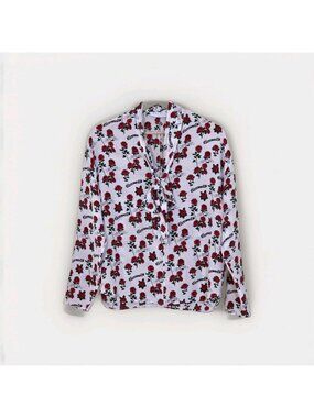 Sandro Paris Tie Neck Blouse M Ivory Red Rose Tattoo Print Silk French Chic Edgy
